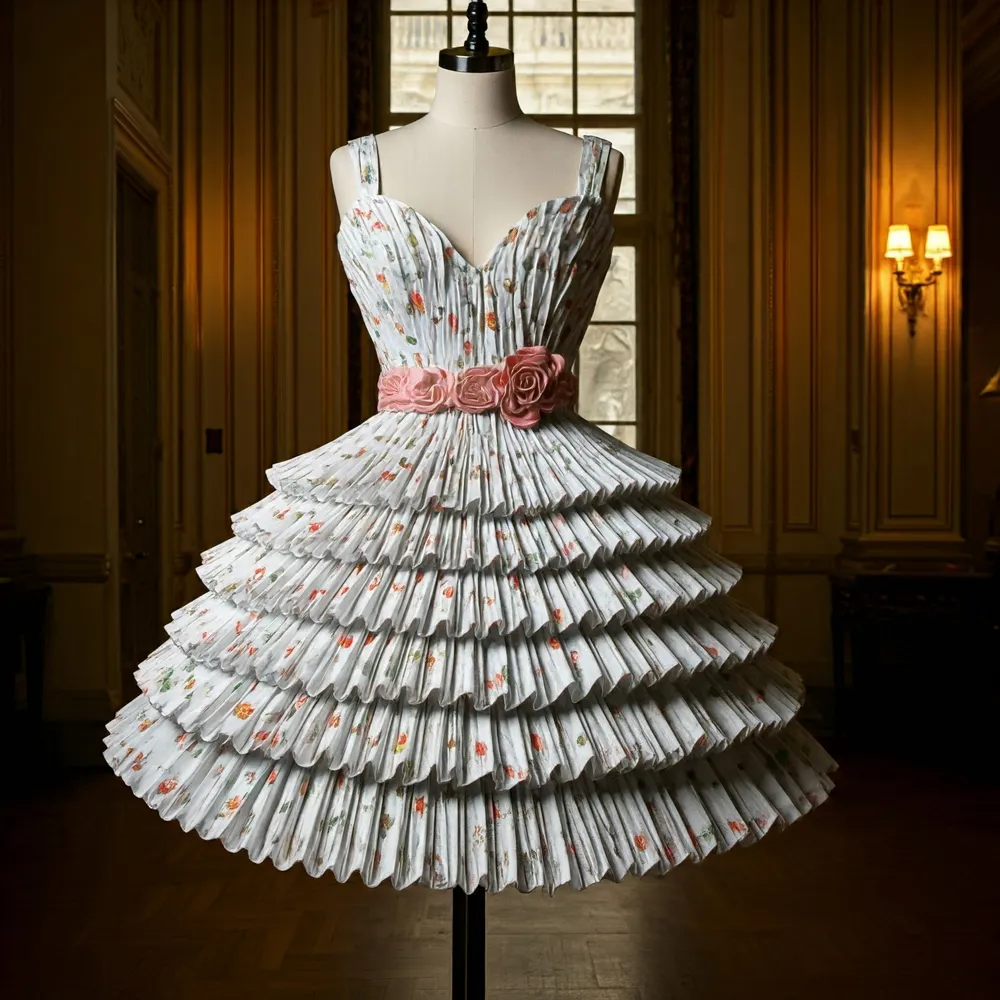 Prompt: Crea una imagen de un vestido de fiesta hecho con servilletas de papel en una sala de exposición elegante.
